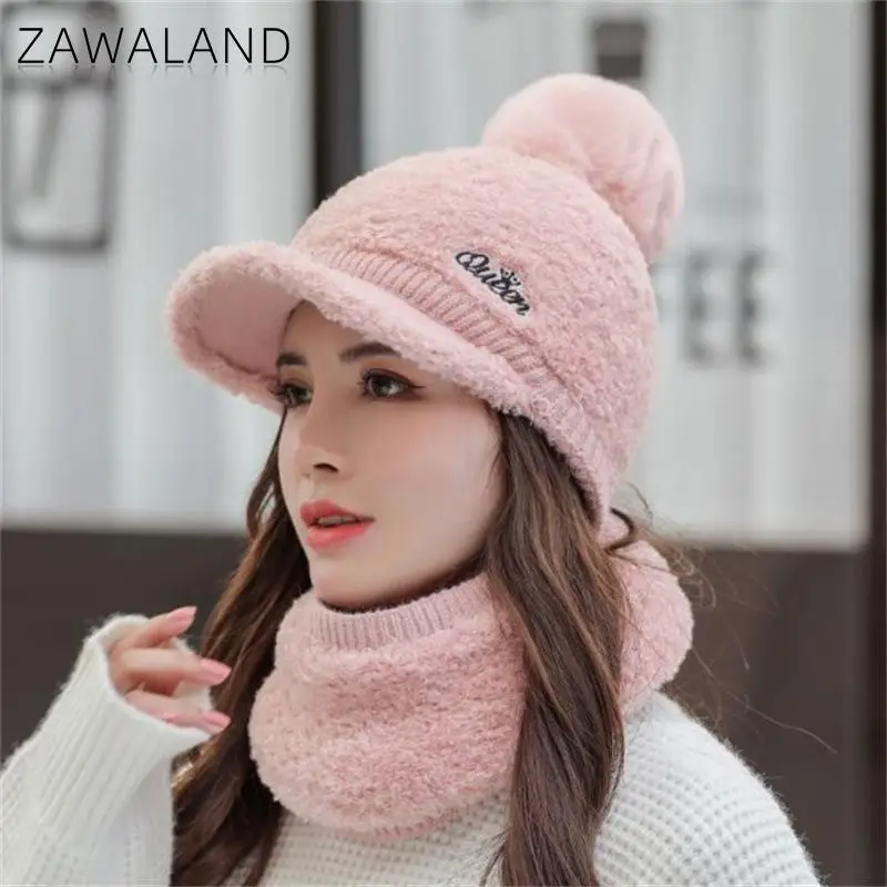 

Zawaland Новые вязаные головные уборы для взрослых, однотонные пушистые, опционально с комбинезоном, зимние теплые хиджаб, наборы шапок от солн...