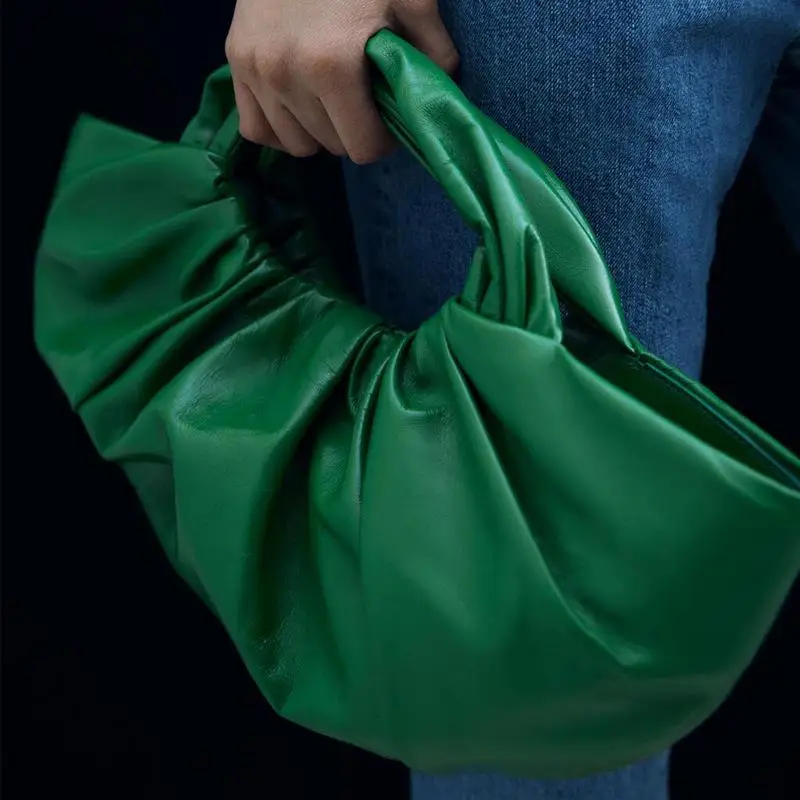 

Fashion Ruched PU Brand Shoulder Bag for Women Luxury Big Tote Hobos Bags 2021 New Retro Ladies Green Color Top-Handle Bag Purse