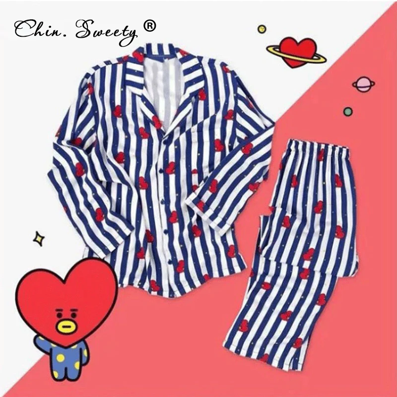 

FAKUNTN Print Women's Striped Cartoon Cute Pajamas Set Top Shirts Pants Kawaii Homewear Suit Female Spring Summer Korean