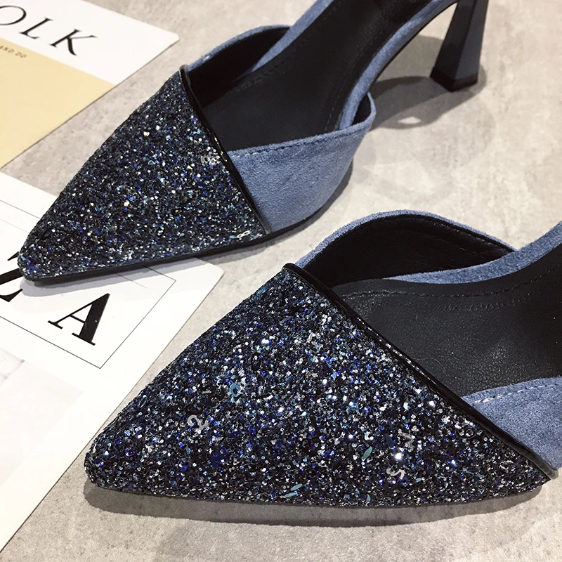 

Hot Sales Bling Pointed Toe Women Sandals Pumps Elegant Dress Shoes Sequin Cloth Sexy Pumps Ankle Buckle Strap Office Shoes