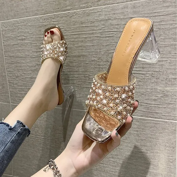 Slippers Women Summer Outside Transparent 7cm High Heels Modern Slippers Fashion Blingbling Sexy All-match Square Heel Beaded