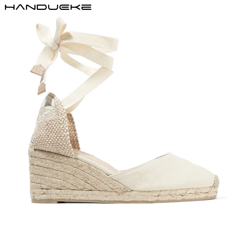 Сандалии женские холщовые эспадрильи на танкетке ремешок щиколотке шнуровка