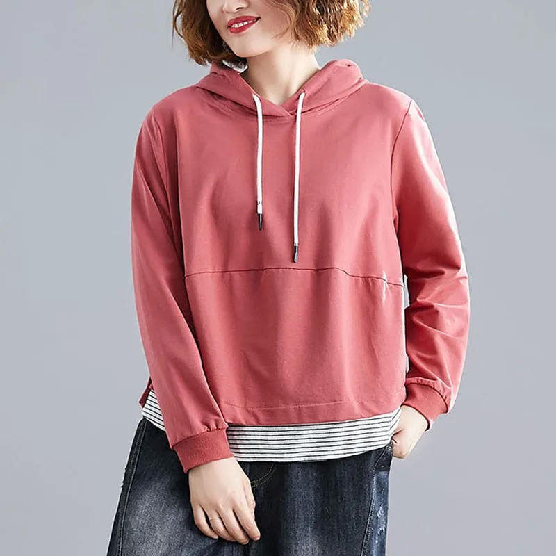 

Women Casual Hooded Sweatshirt New 2020 Autumn Simple Style Solid Color Patchwork False 2 Pieces Female Cotton Hoodies S2292