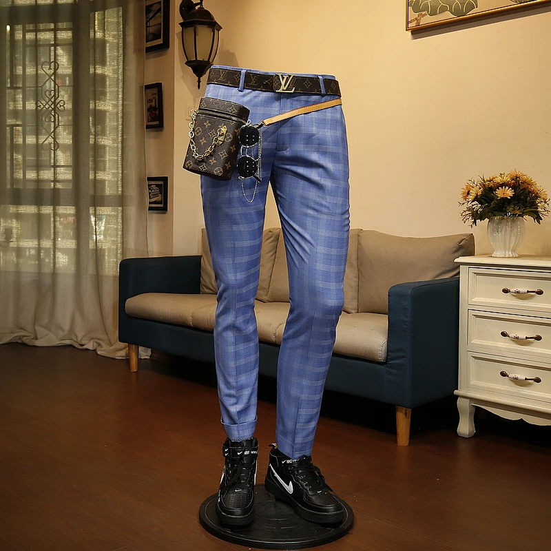 

XM GeeKi Spring new Korean slim fit casual business suit European and American gentleman Blue Plaid trousers men's trousers