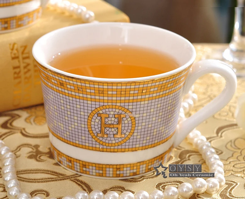 Фарфоровая кофейная чашка и блюдце костяного фарфора кофейный набор Марка мозаики дизайн контур в золотом чайная чашка и блюдце набор