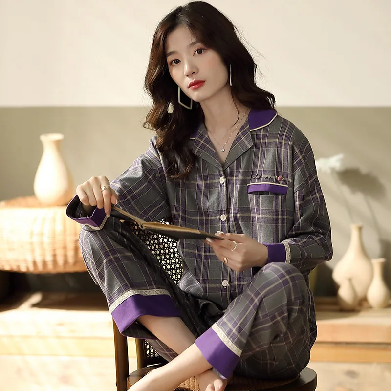 Новинка весна-осень Пижама женская тканая хлопковая Корейская версия простой