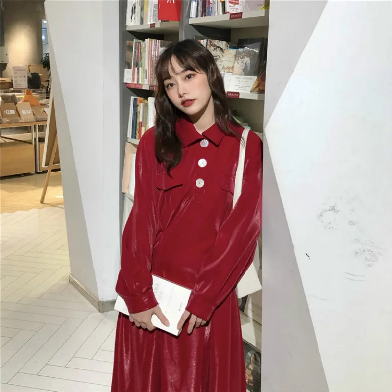 

Women Spring Long Sleeve Bling Vintage Long Dress with Buttons Turn-down Collar Slim Waist A-line Dresses Solid Color French