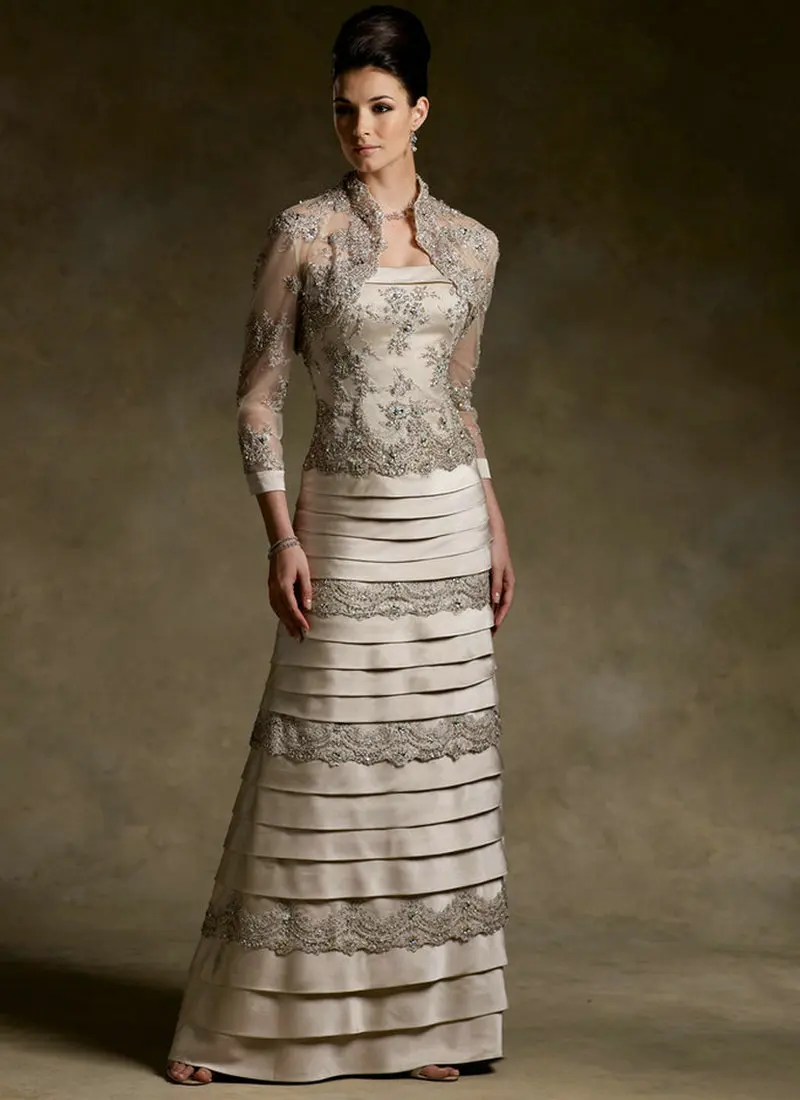 

Satin and Lace Layers Ruffle Champagne Mother Of The Bride Dress 2017 With Jacket Three vestidos de festa vestido longo