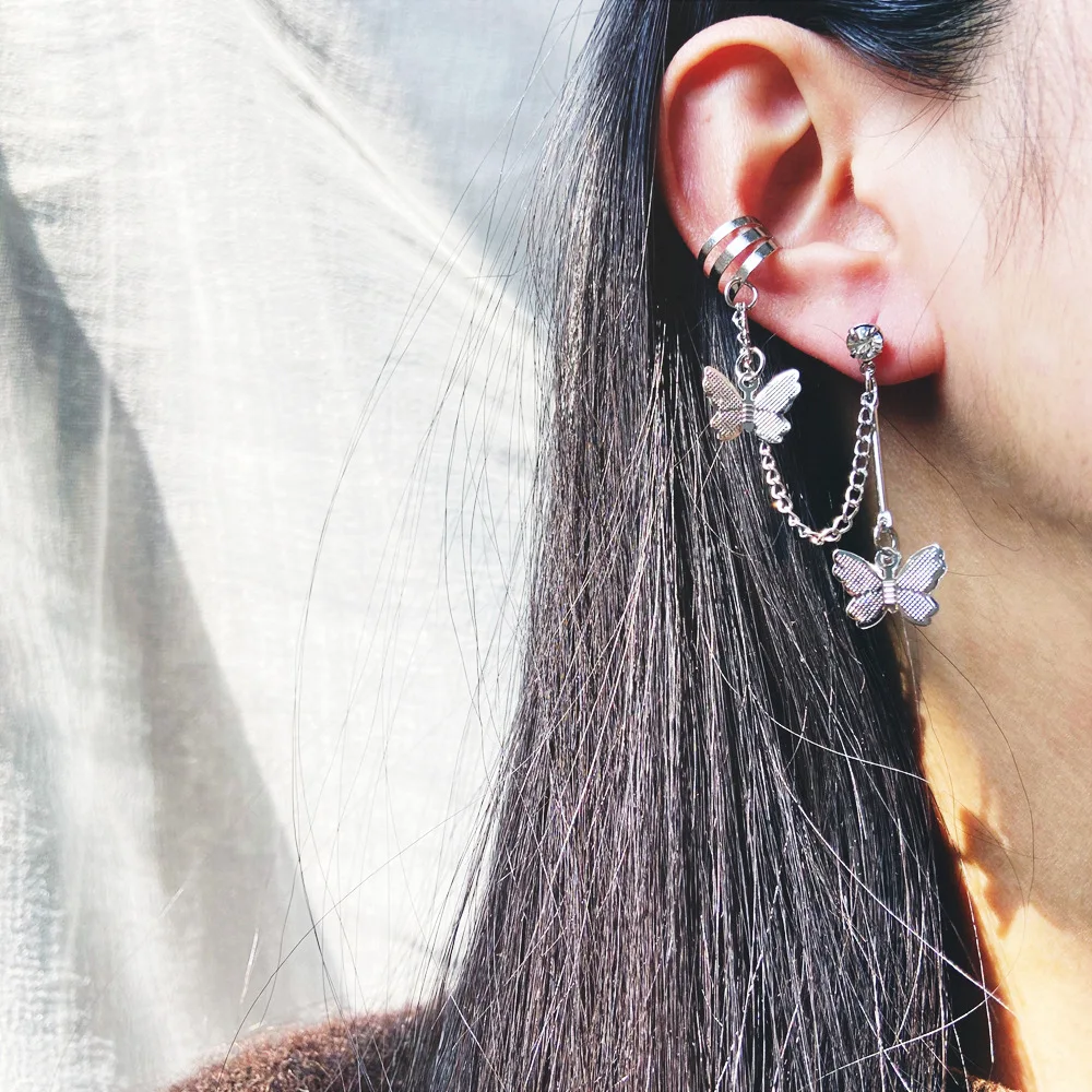 

Fashion Butterfly Dangle Earrings Elegant Crystal Drop Earrings for Women Vintage Ear Clip Punk Jewelry 2020 Brincos Female