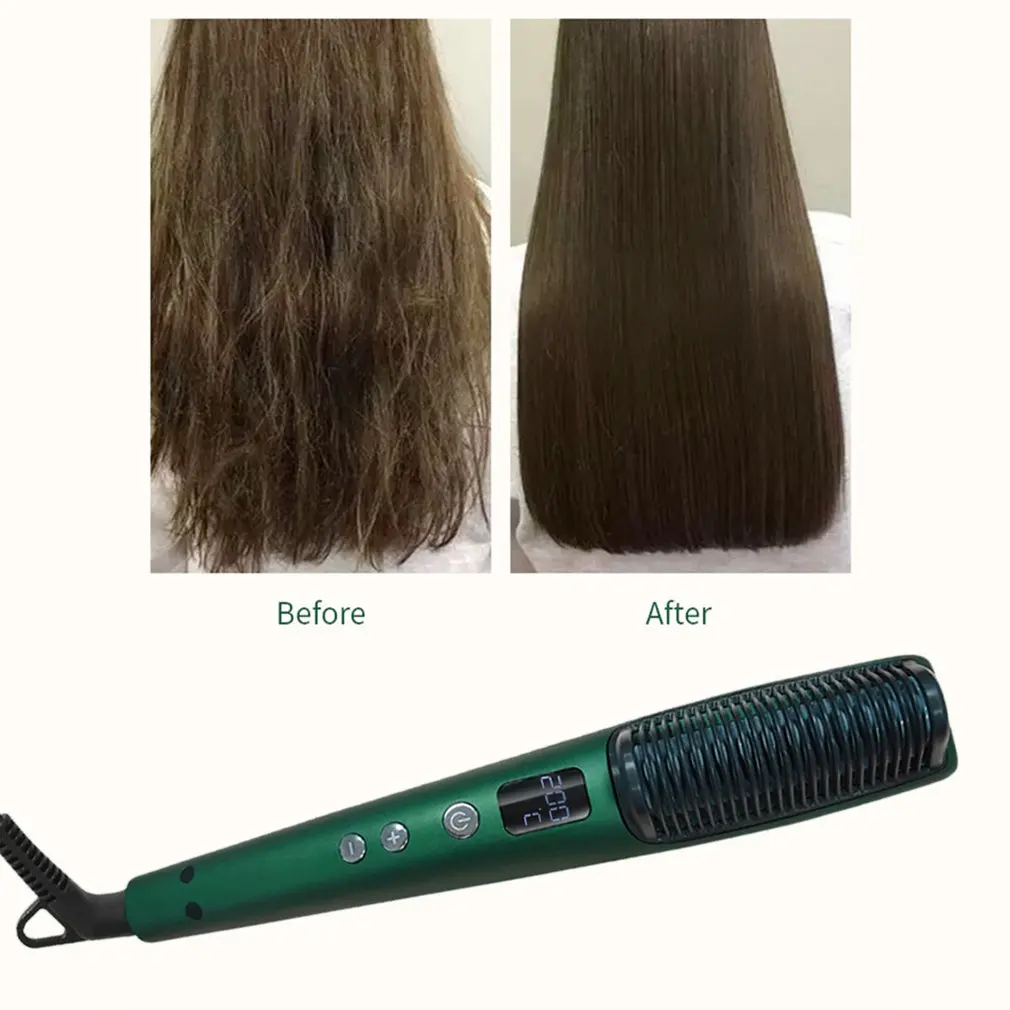 

Hair Straightener 2-in-1 Ceramic Straightening Brush Hot Comb Hair Curler With Anti-scald Feature Auto Temperature