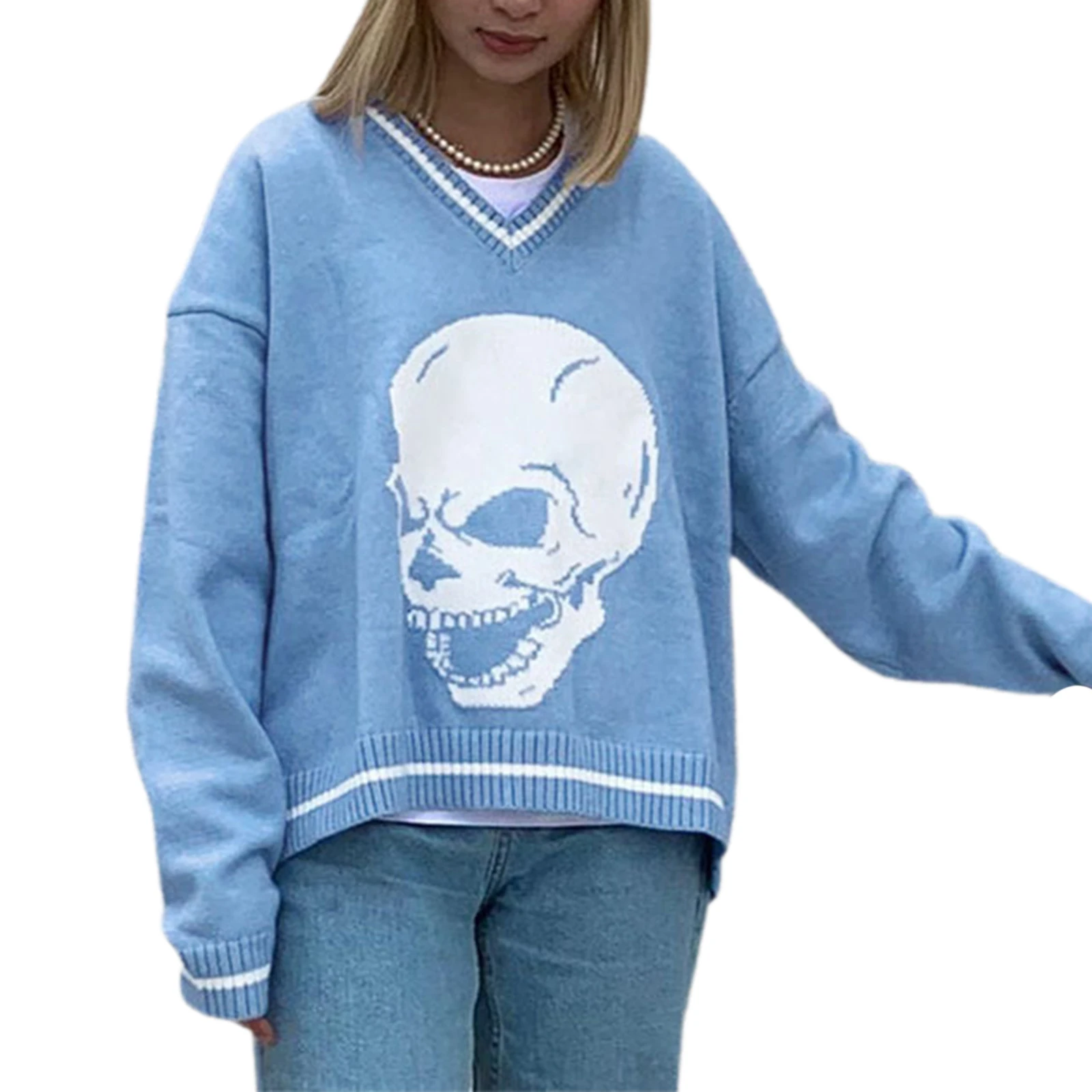 

Autumn Winter Knitted Sweater Women's Long Sleeve V-neck Long Loose Top Female Casual Fall-shoulder Sleeve Sweater Pullover