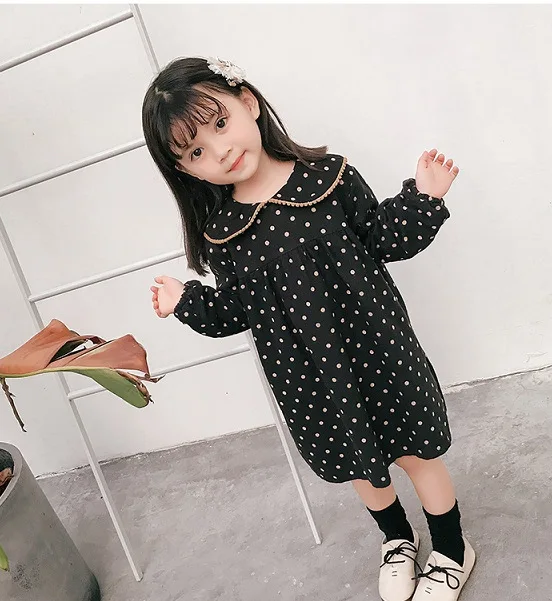 Girls Dress Long Sleeve Spring Dot Printed Princess Cute Cotton Children Casual with Turn-down Collor | Детская одежда и обувь