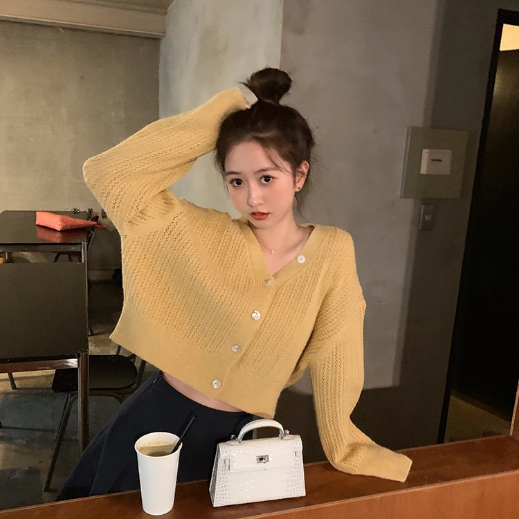 

Knitted Cardigan Women Fall 2020 Women Korean Style Casual Hollow Out V Neck Single Breasted Sweater Coat Tops Knitwear T412