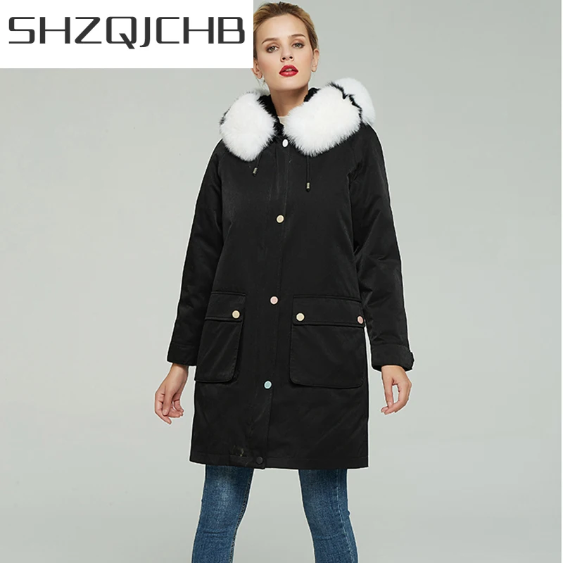 

Женская парка SHZQ с натуральным мехом, длинное зимнее пальто, женская теплая парка с воротником из лисьего меха, 2021, 968