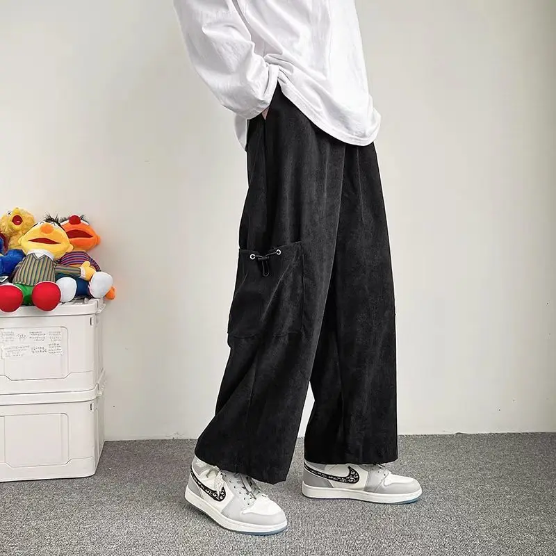 

pants men trend all-match autumn elastic waist Corduroy overalls student wide-leg pant fashion Hip-hop Loose Street trousers