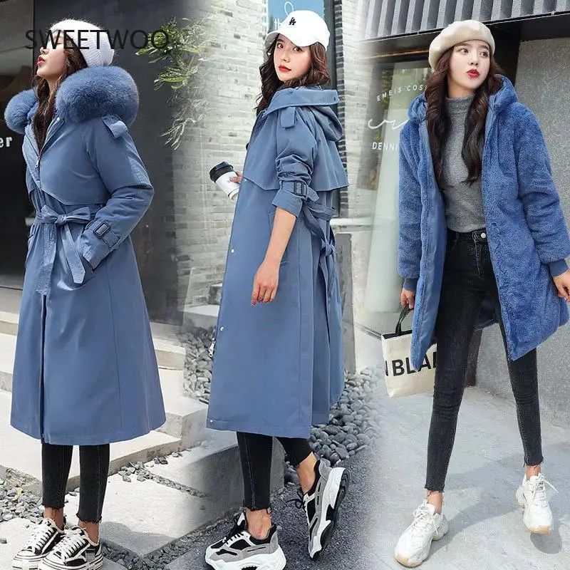 Women Winter Jacket Hooded X-Long Thick Faux Fur Padded Parkas Woman Distachable  Coat Show Thin Korea 2022