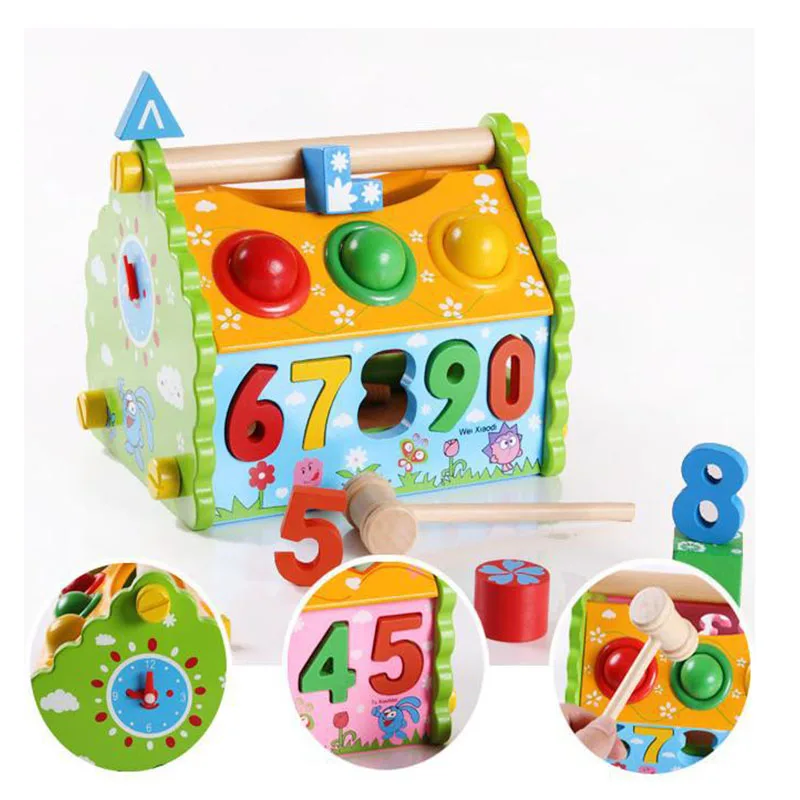 

Baby Wooden Building House Set digital geometry Color Ball Hammer Early Learning Toy Portable Home Model