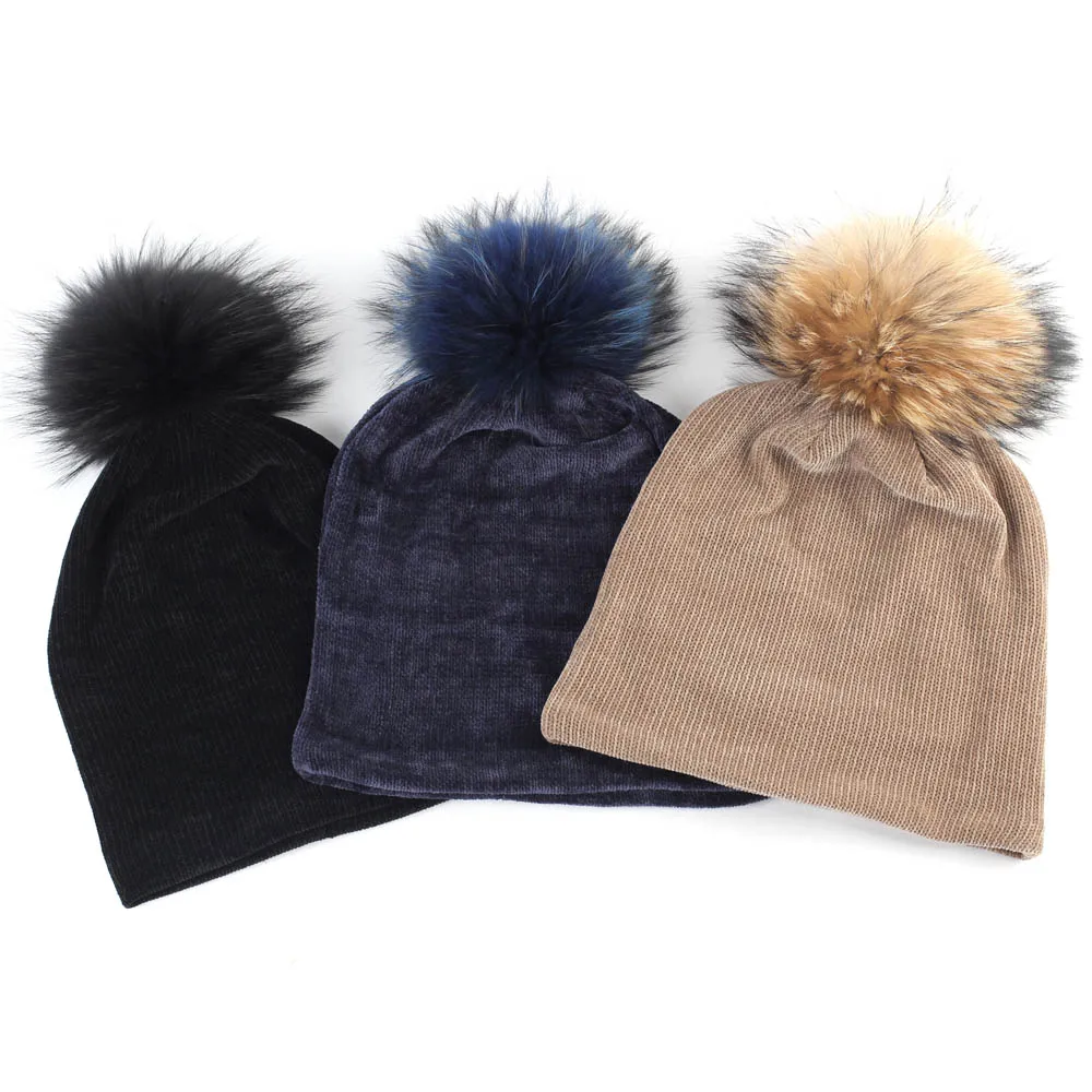 

Geebro Women's Beanie Hat with Raccoon Pompom Ladies Ribbed Slouchy Beanie For Female Casual Double Layer Balavaca Skullies Caps