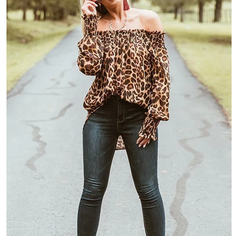 

Sexy Leoprd Print Off Shoulder Blouse Women 2020 Auturmn Casual Loose Long Sleeve Top Ladies Clothings AT0027