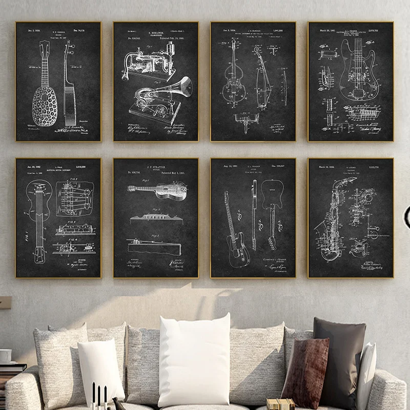 

Simple Nordic vintage black and white instrument drawings guitar violin industrial wind art decorative painting canvas
