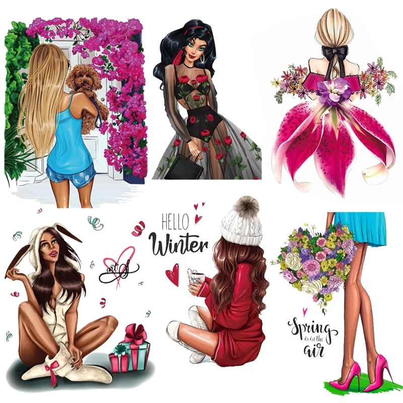 

Sexy Girls Iron on Transfer Patches on Clothing DIY Stripes Fashion Girl Patch Heat Transfer for Clothes Decor Applique Stickers