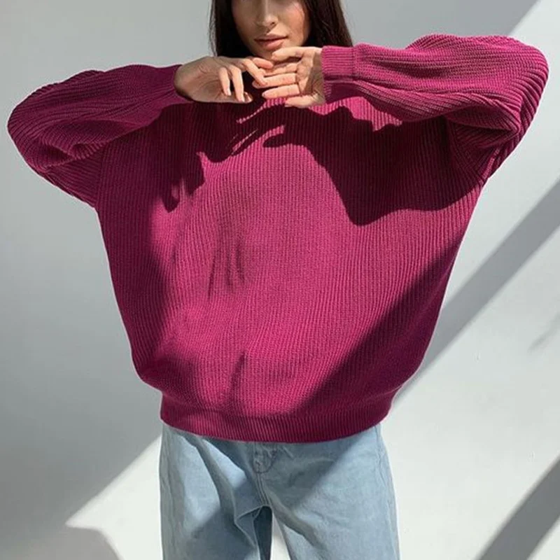 

Женский вязаный пуловер оверсайз, свободный свитер с круглым вырезом и длинными рукавами, уличная одежда для осени и зимы, 2021