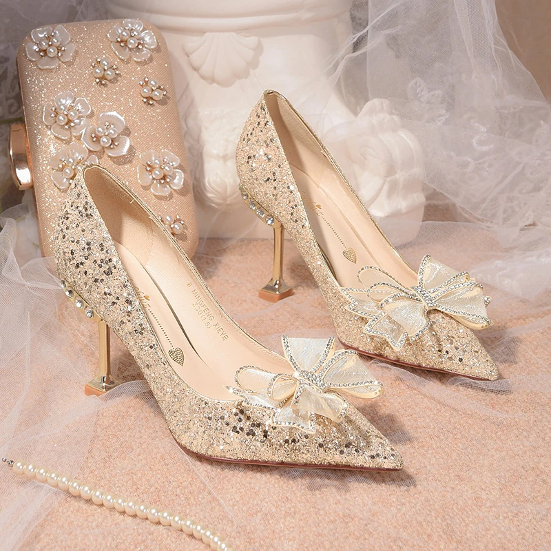 

Crystal Stiletto Party Rhinestone Wedding Shoes 2022 New Single Shoes Pumps Luxury Sequins Pumps Pointed High Heels Temperament