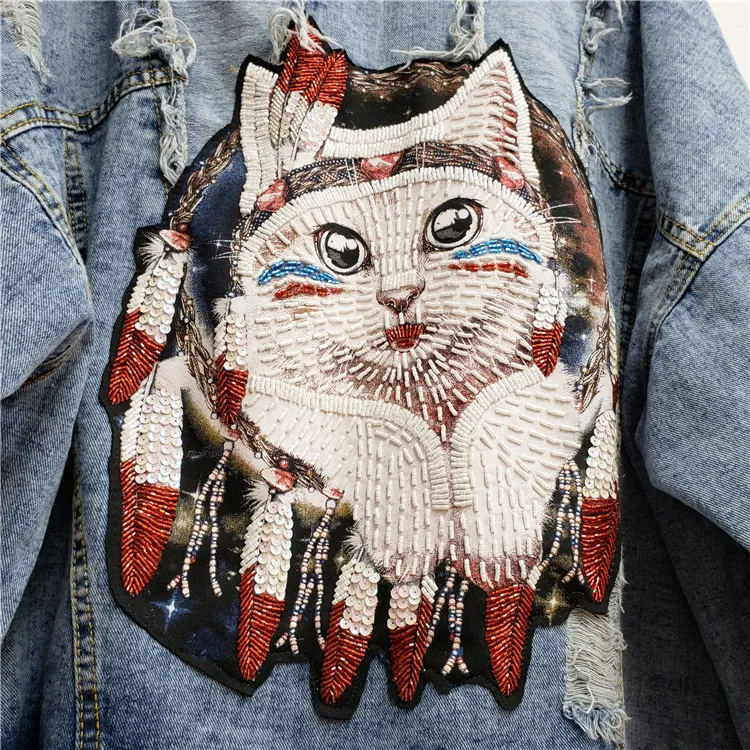 Осенняя Женская ковбойская куртка с бусинами и котом Корейская свободная