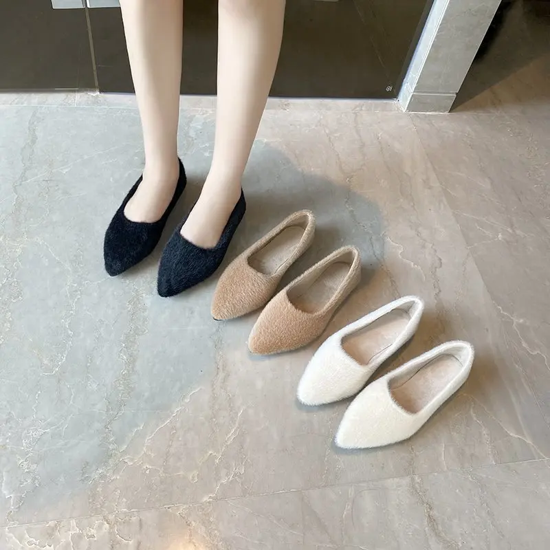 

Туфли женские с острым носком, удобные и элегантные Мокасины, меховые кроссовки, плоская подошва, осень 2021