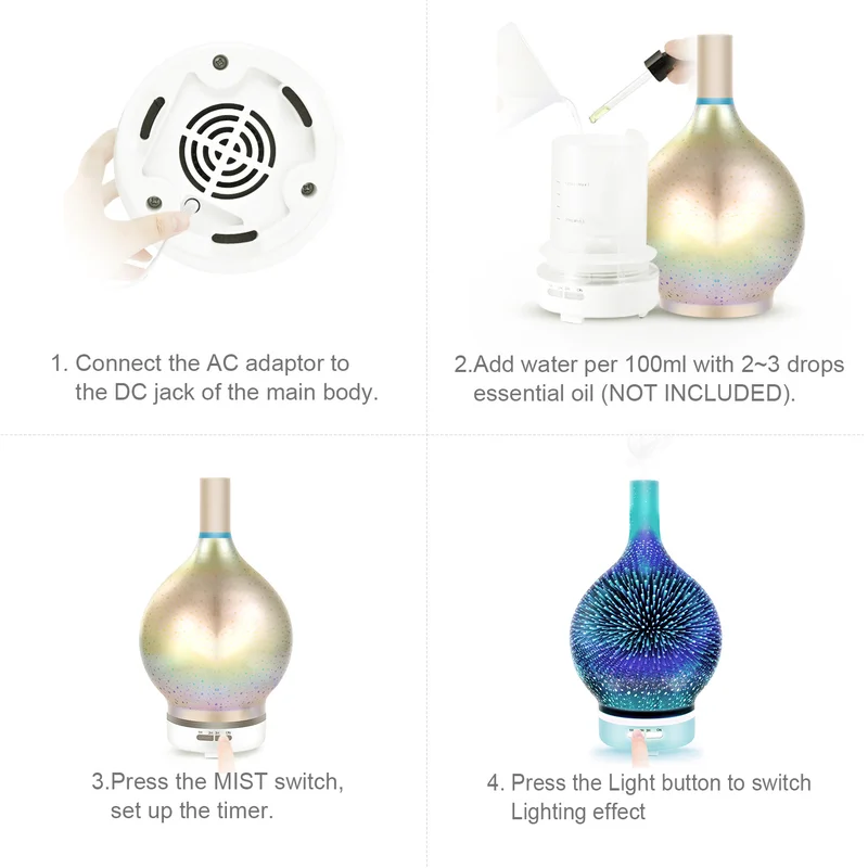 ELOOLE Ultrasonic Air Humidifier Aroma Essential Oil Diffuser Mist Maker 3D Firework Glass Vase Shape With 7 Color Night Light images - 6