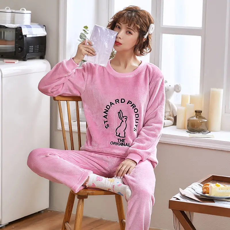 sleepwear women set Пижамы женские большие размеры пижамы из плотной ткани женские теплые длинные осенние пижамы зимний домашний костюм женская пижама домашний L-XXL - Color: sleepwear women set