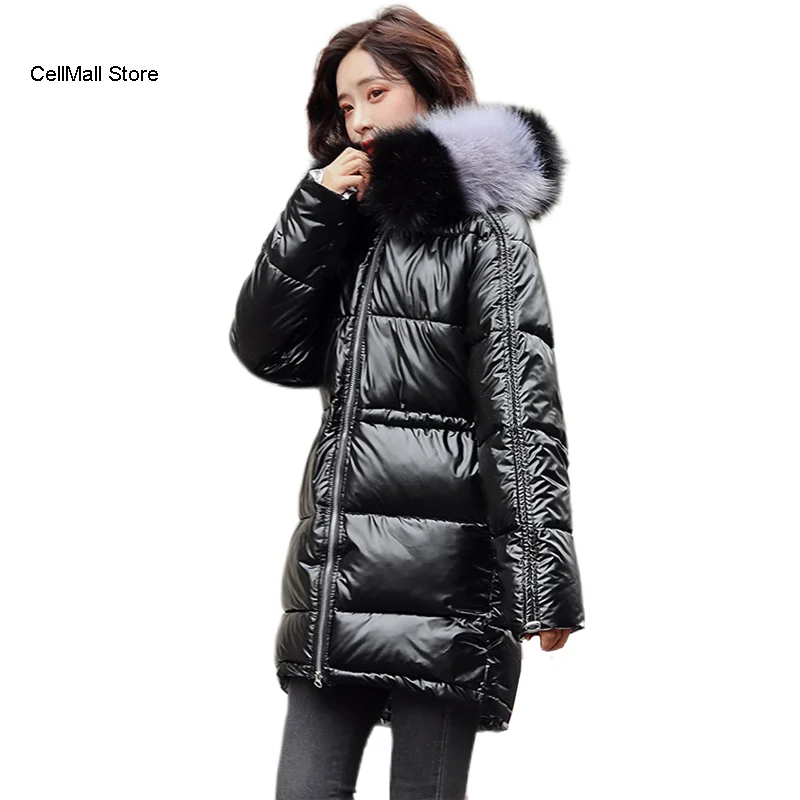 

fur women collar hooded long down coats 2020 winter thick down jackets with pockets warm outwear silver oversized coat female