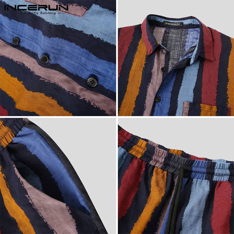 

INCERUN Mens Short Sleeve Lapel Shirts Drawstring Shorts Sets Vintage Striped Suits Loose Mens Summer Hawaiian Suits Plus Size 7