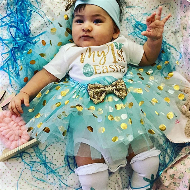 

Easter 4Pcs Clothes Set Infant Newborn Baby Girls Short Sleeve My First Easter Printed Romper Tutu Skirt Headband Leg Warmers