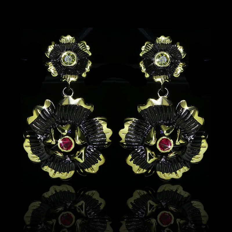 

2020 тренд 925 серебро лепестки CZ ушные капли с украшением в виде кристаллов черная Золотая шпилька серьги-кольца для женщин и девушек, девушка,...