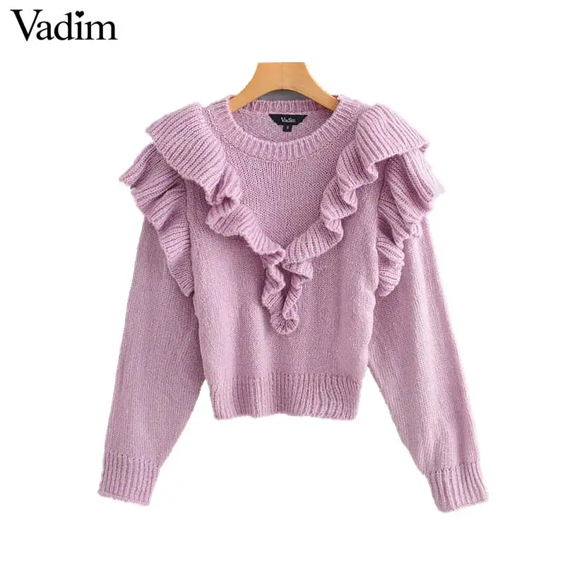 Vadim милый Женский вязаный свитер с оборками длинные рукава круглый вырез