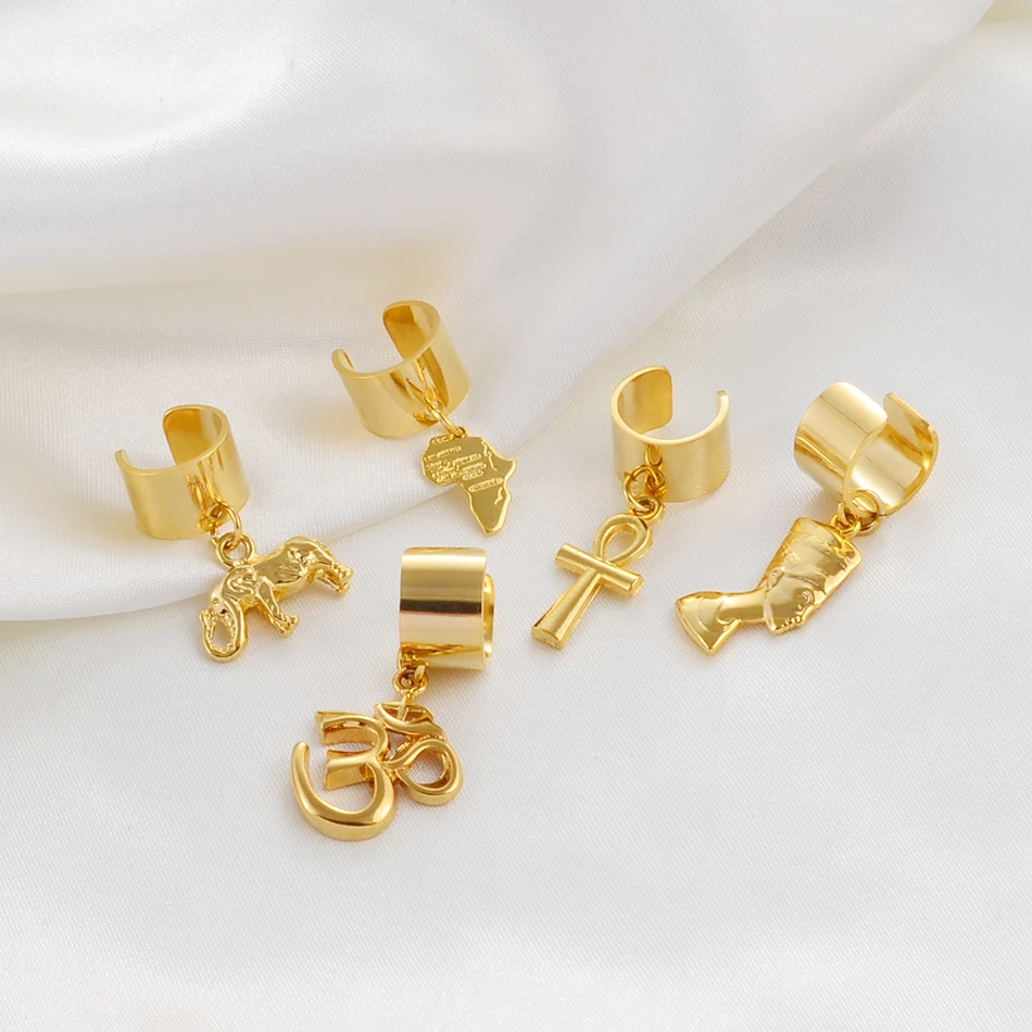 

Anniyo 5pcs Dreadlocks Hair Braid Jewelry Use Cuffs Rings Hair Jewelry Charm African Ornaments,Ankh,Africa Map Nefertiti #240206