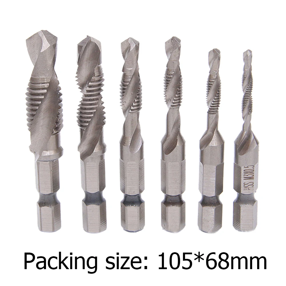 

6pcs Hex Shank HSS Screw Thread Deburr Metric Tap Drill Bits M3-M10 Hand Tools for Screw Machine Compound Tapping Drilling