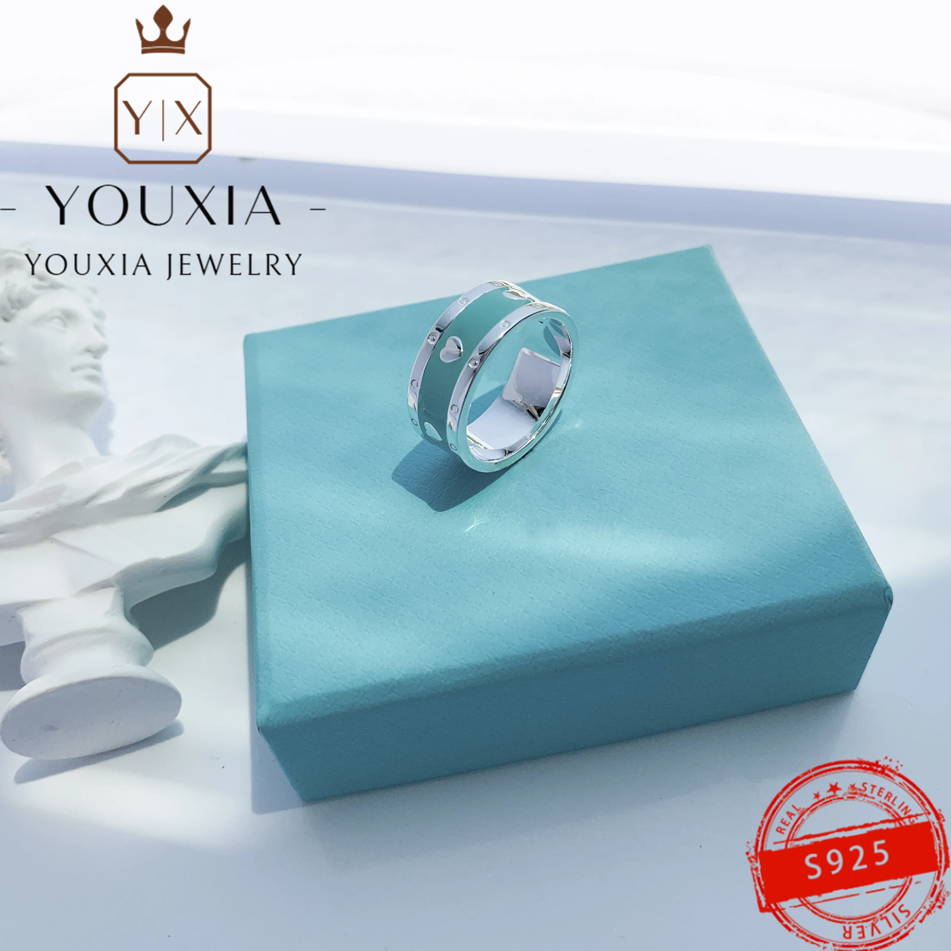 

S925 Sterling Silver Custom Sky Blue Love 1:1 With Logo Decoration Gift Men And Women Ring Couple Ring Personality Jewelry