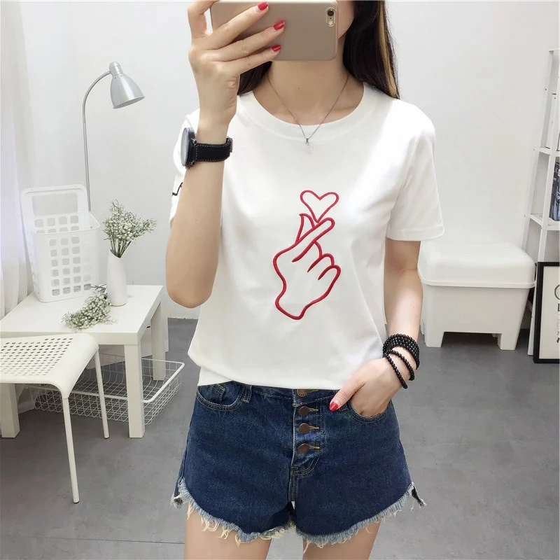 Женская футболка с вышивкой белая Повседневная принтом в виде сердца лето 2020 |