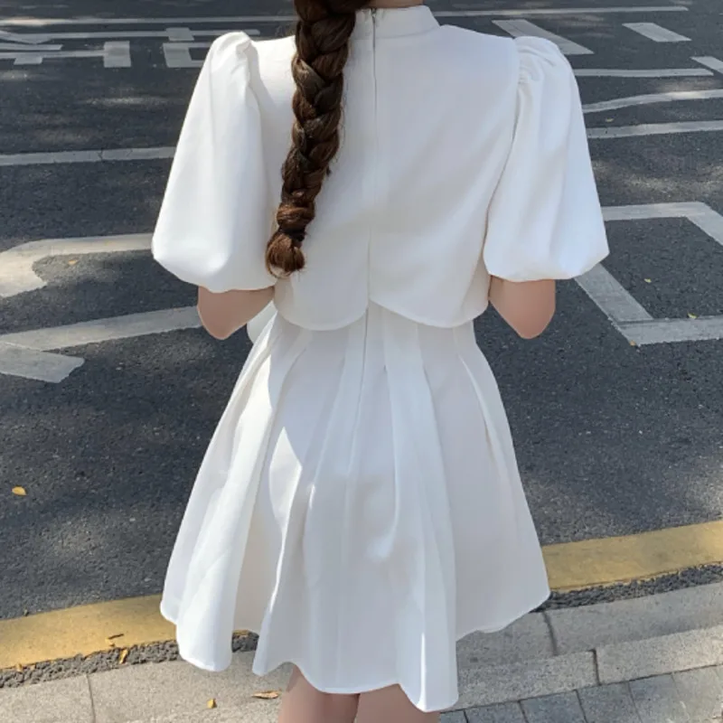 

2021 Summer Two Piece Sets Womens Outfits White Cheongsam Crop Top Short Sleeve+Chic Pleated Mini Skirts Fashion Ensembles Femme