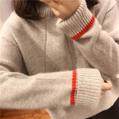 

2020 New Autumn Winter Thickening Cashmere Sweater Wool Woman Head High Collar Solid Color Loose Long Sleeve Was Thin