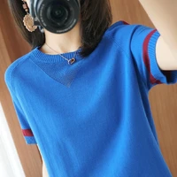 pullover short sleeve knitted t shirt women splice cutout tshirts casual tops 2021 summer o neck female knit t shirt korea style