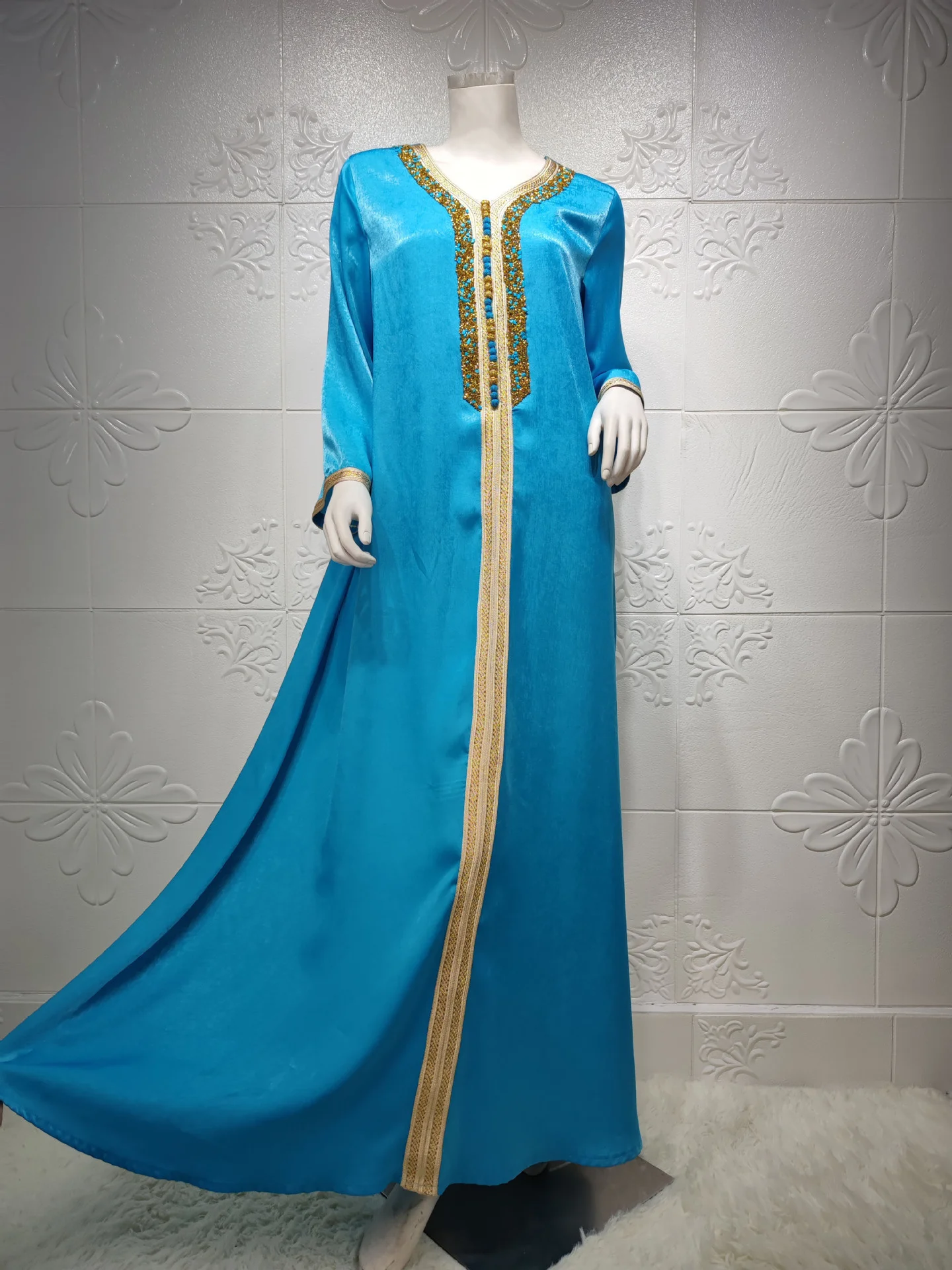 

Ramadan Eid Blue Maxi Dress For Women Modest Muslim Turkey Arabic Dubai Diamond Ribbon V Neck Long Sleeve Jalabiya 2021