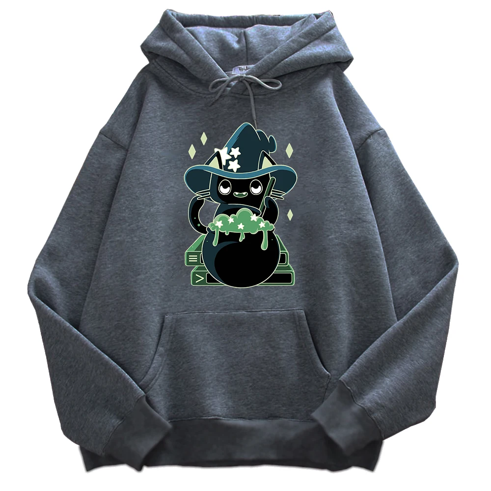 

Witch Cat Cartoon Kawaii Male Hoodies Fleece Warm Soft Sweatshirts Autumn Winter Loose Streetwear Anime Harajuku Hooded Mens