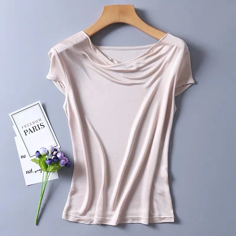 Women's 50% Silk 50% Viscose  Knit Drape Neck T-Shirts top 8 colors M-2XL SJ305