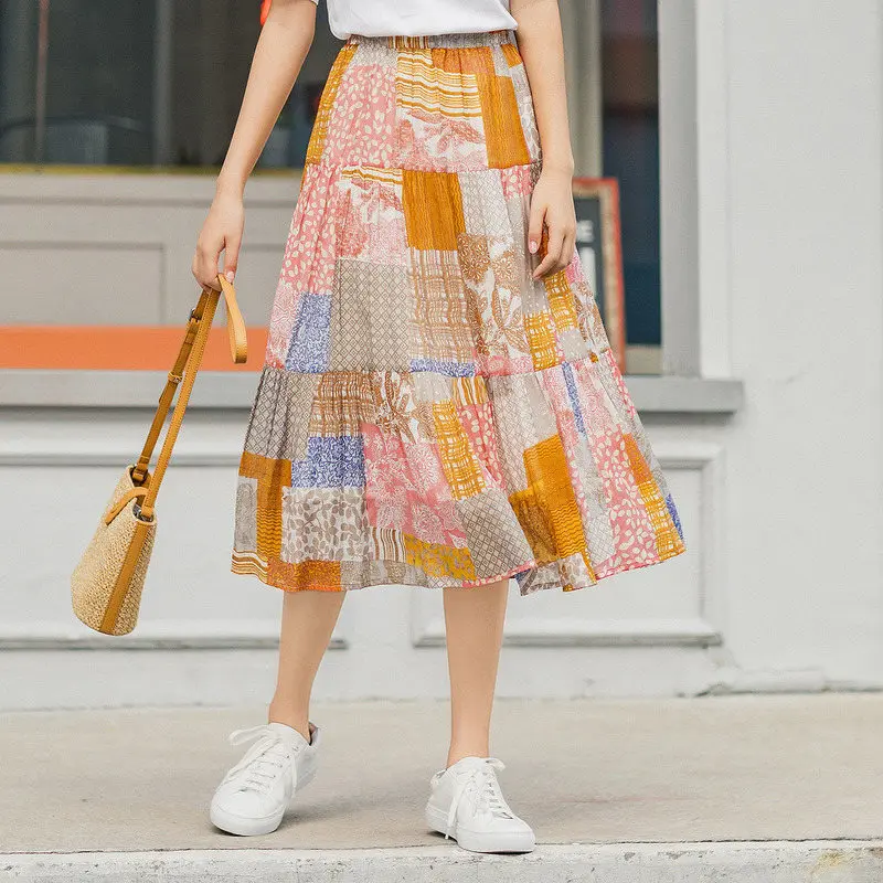 

Layered Ethnic style Skirt 2020 Summer New Arrival Elastic Waist Contrast Color A Line