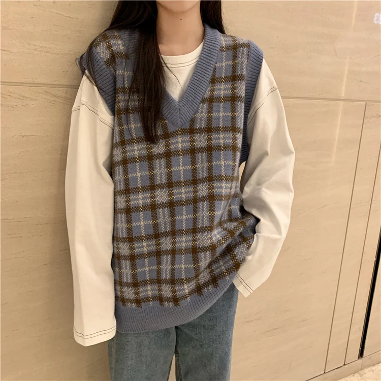

Lauri Laki Retro Argyle Print Sweater Vest Women Plaid Sleeveless Knitted Pullover Sweater Autumn Winter Tops 2021 Waistcoat