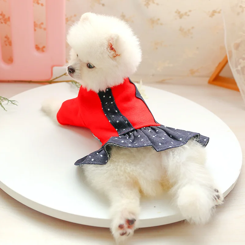 PETCIRCLE/Новинка Одежда для щенков Джинсовое платье в красный горошек питомцев