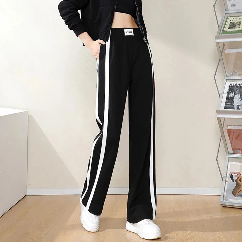 

Брюки женские в полоску с широкими штанинами, повседневные мешковатые штаны с эластичным поясом, Длинные прямые штаны с надписью, большие р...